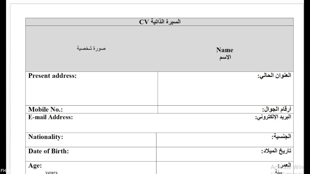 افضل نموذج سيرة ذاتية عربي انجليزي Word